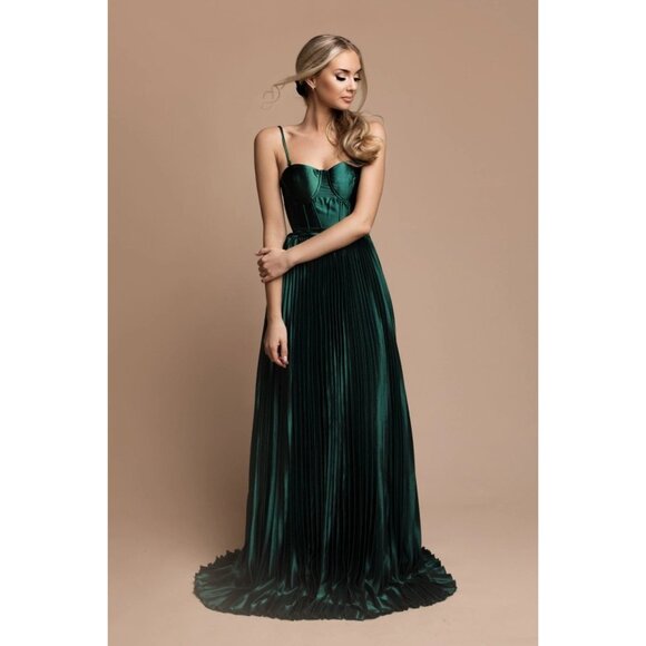 NEW - Eva and Lola mineral green satin pleated gown. Size Medium - Picture 1 of 9